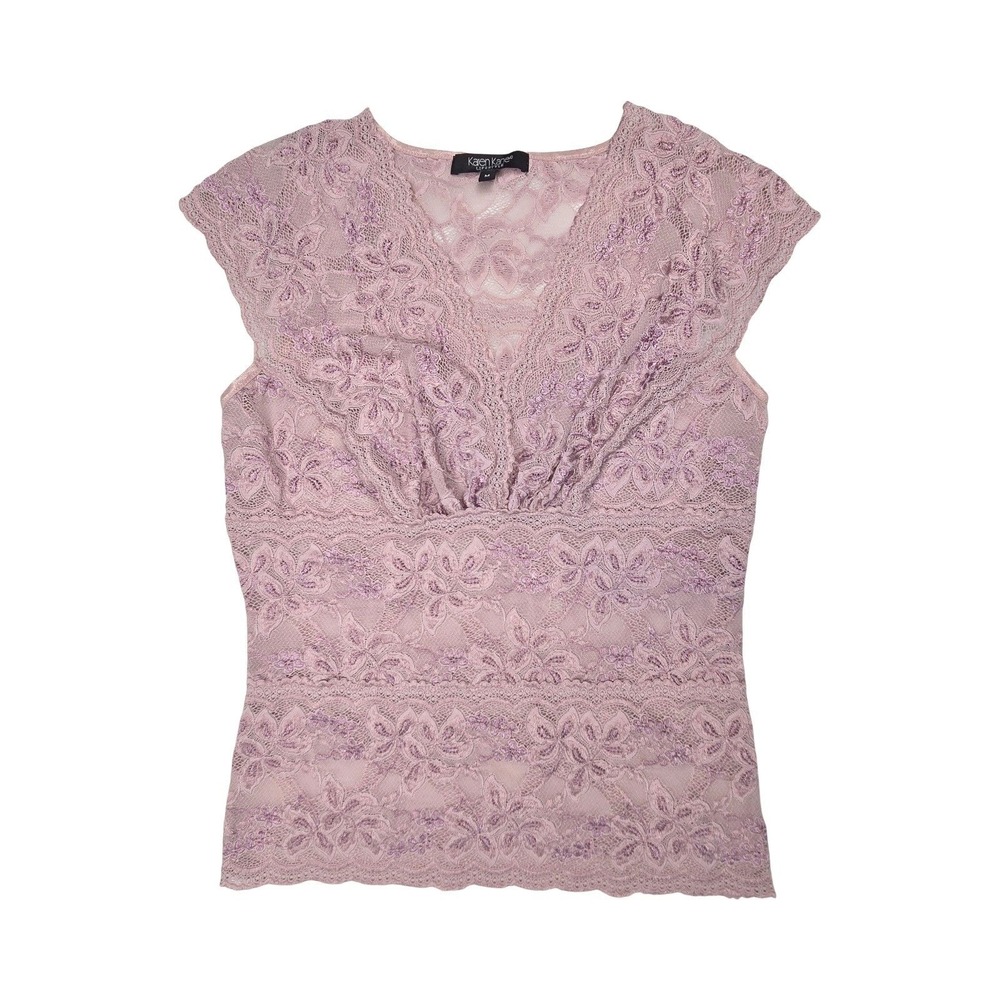 Karen Kane Pastel Pink Floral Lace V-Neck Cap Sleeve Top MD Coquette Romantic